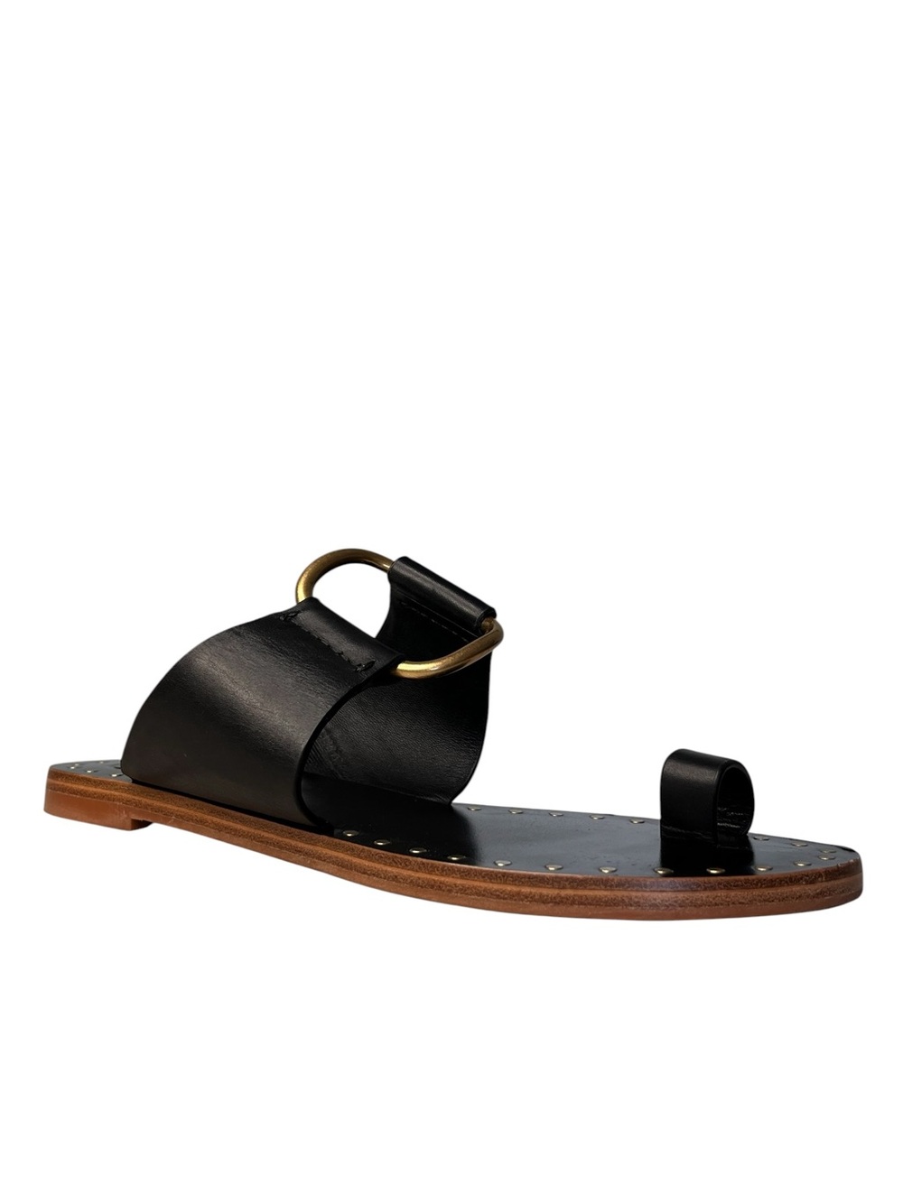 Tory Burch Ravello Black Leather Toe Ring Gold-Tone Studded Sandals Sz 8